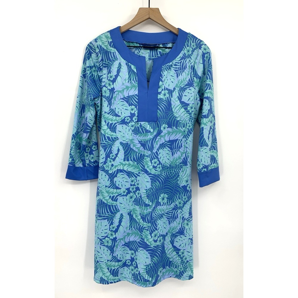 Cabana Life Dress Womens Medium Blue Green Floral UPF 50 Vacation Beach
